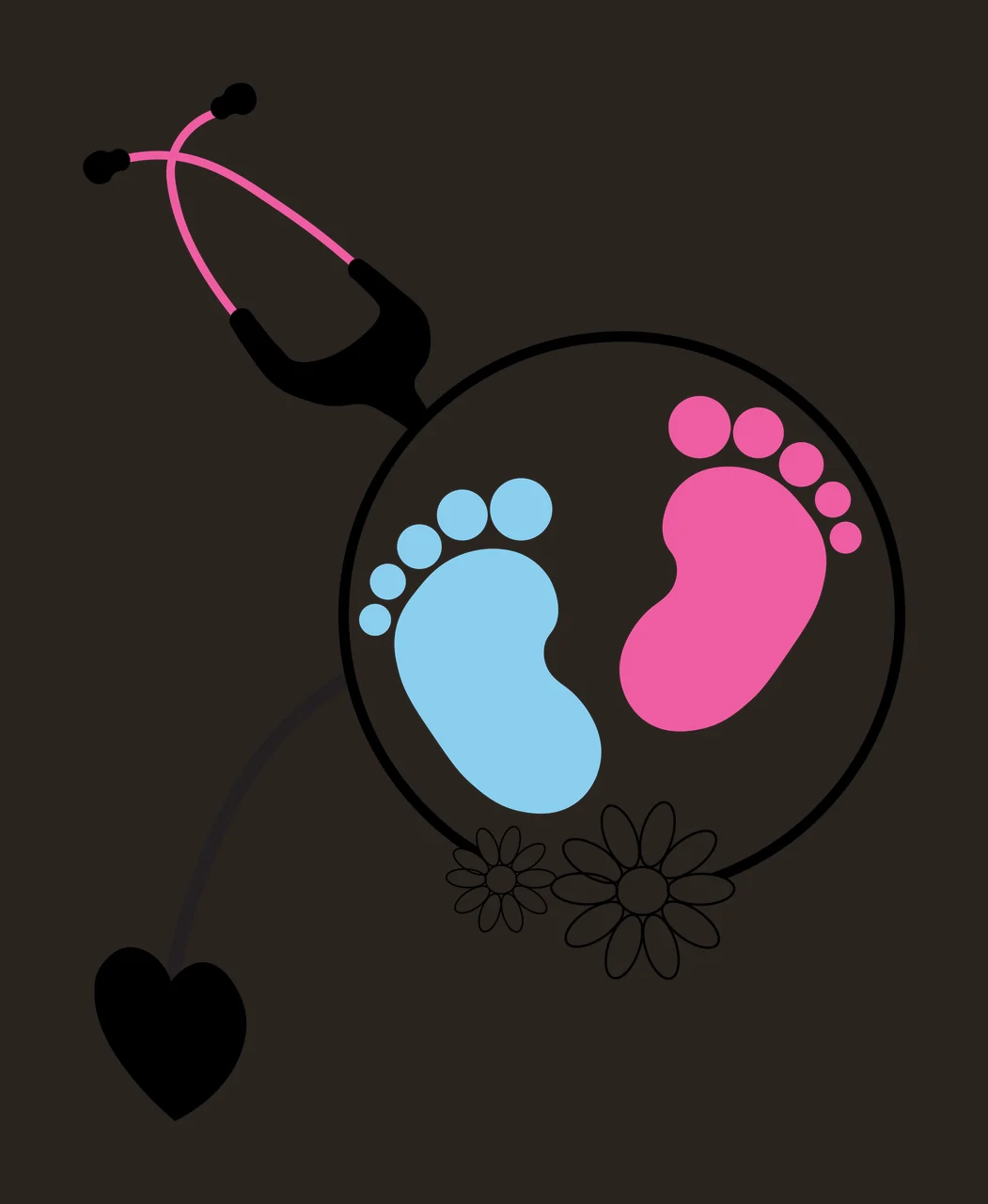 Stethoscope with magnifying lens showing baby footprints and daisies Illustration with pink stethoscope, black earpieces, black tubing and black heart in blue contrast preview thumbnail