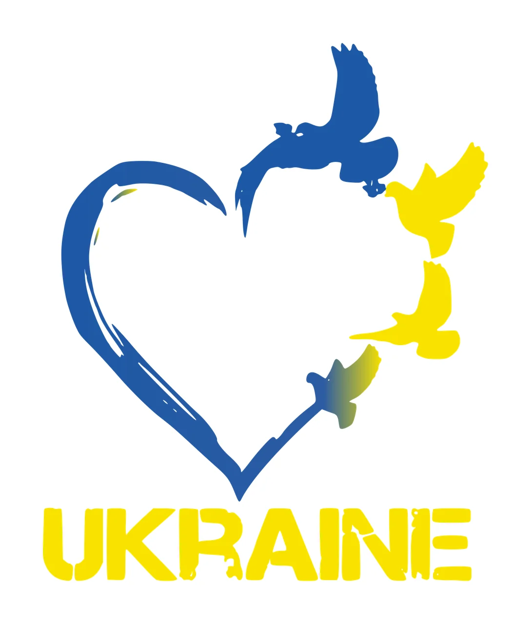 UKRAINE Typography Design with blue heart outline, three doves one blue two yellow and text 'UKRAINE'