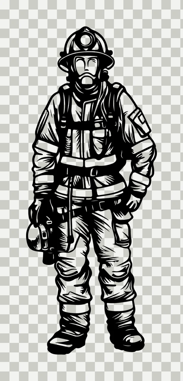Firefighter Standing In Full Gear Uniform person helmet line drawing transparency and detail preview thumbnail
