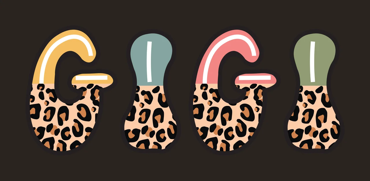 GIGI Typography Design with leopard print pattern, yellow letter top, teal letter top and pink letter top in leopard brown and black contrast preview thumbnail