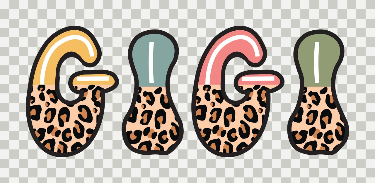 GIGI Typography Design with leopard print pattern, yellow letter top, teal letter top and pink letter top in leopard brown and black transparency and detail preview thumbnail