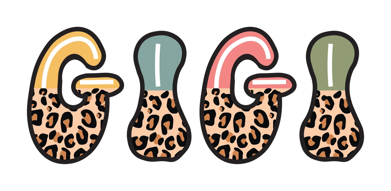 GIGI Typography Design with leopard print pattern, yellow letter top, teal letter top and pink letter top in leopard brown and black