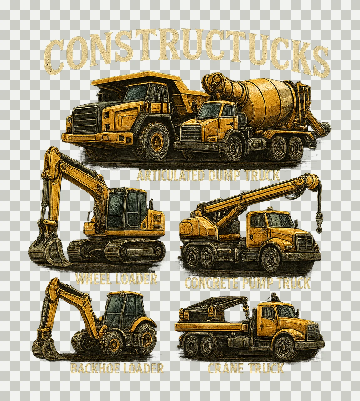 Types of Construction Trucks Retro Excavator Dump Truck transparency and detail preview thumbnail
