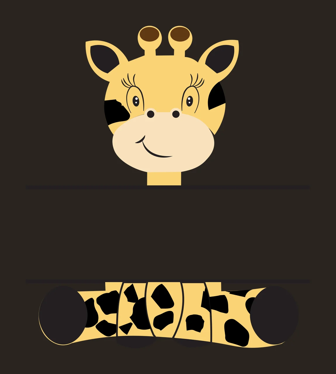 Cartoon giraffe head and spotted neck segment Illustration with giraffe head with eyelashes, black spots on yellow fur, two ossicones and smiling mouth in beige contrast preview thumbnail