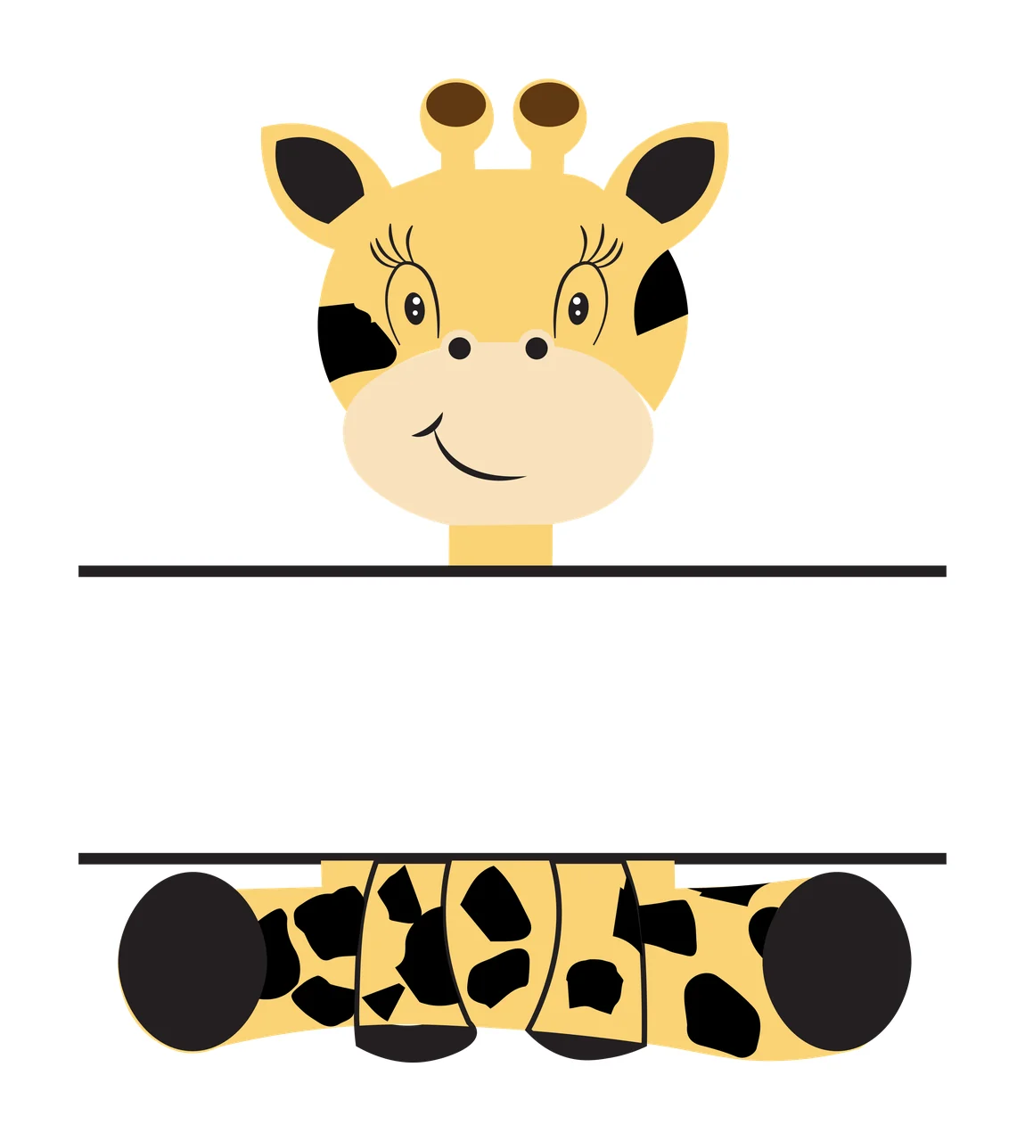 Cartoon giraffe head and spotted neck segment Illustration with giraffe head with eyelashes, black spots on yellow fur, two ossicones and smiling mouth in beige
