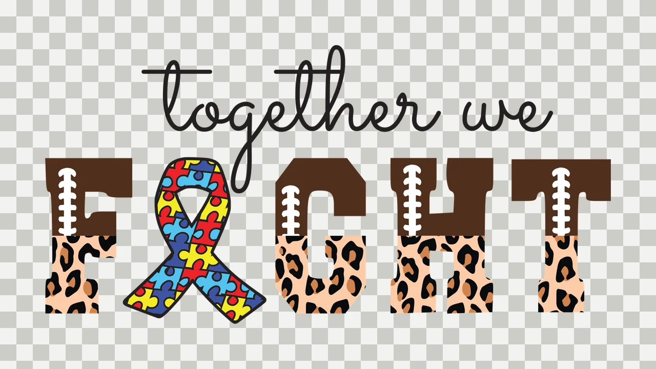 Together we FIGHT Awareness Typography Design with black cursive text 'together we', brown block letters 'FIGHT', autism awareness ribbon made of puzzle pieces and leopard print pattern on letter transparency and detail preview thumbnail