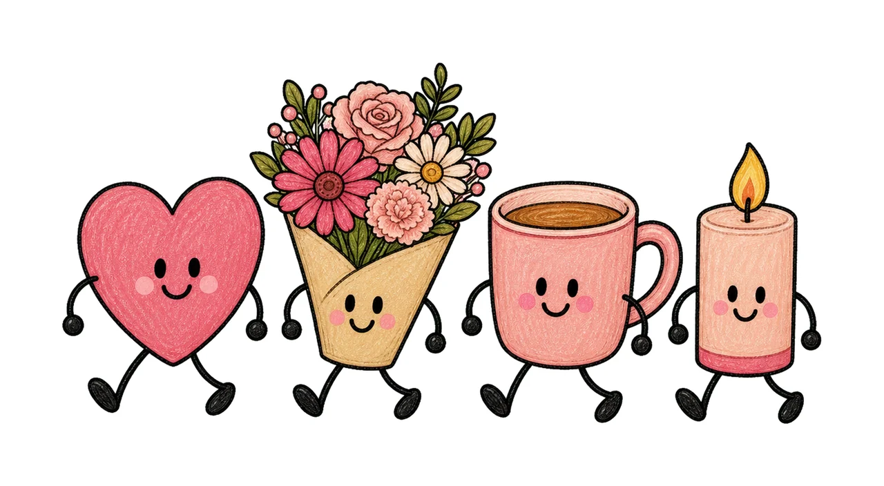 Personified Objects Walking With Heart And Flower Bouquet