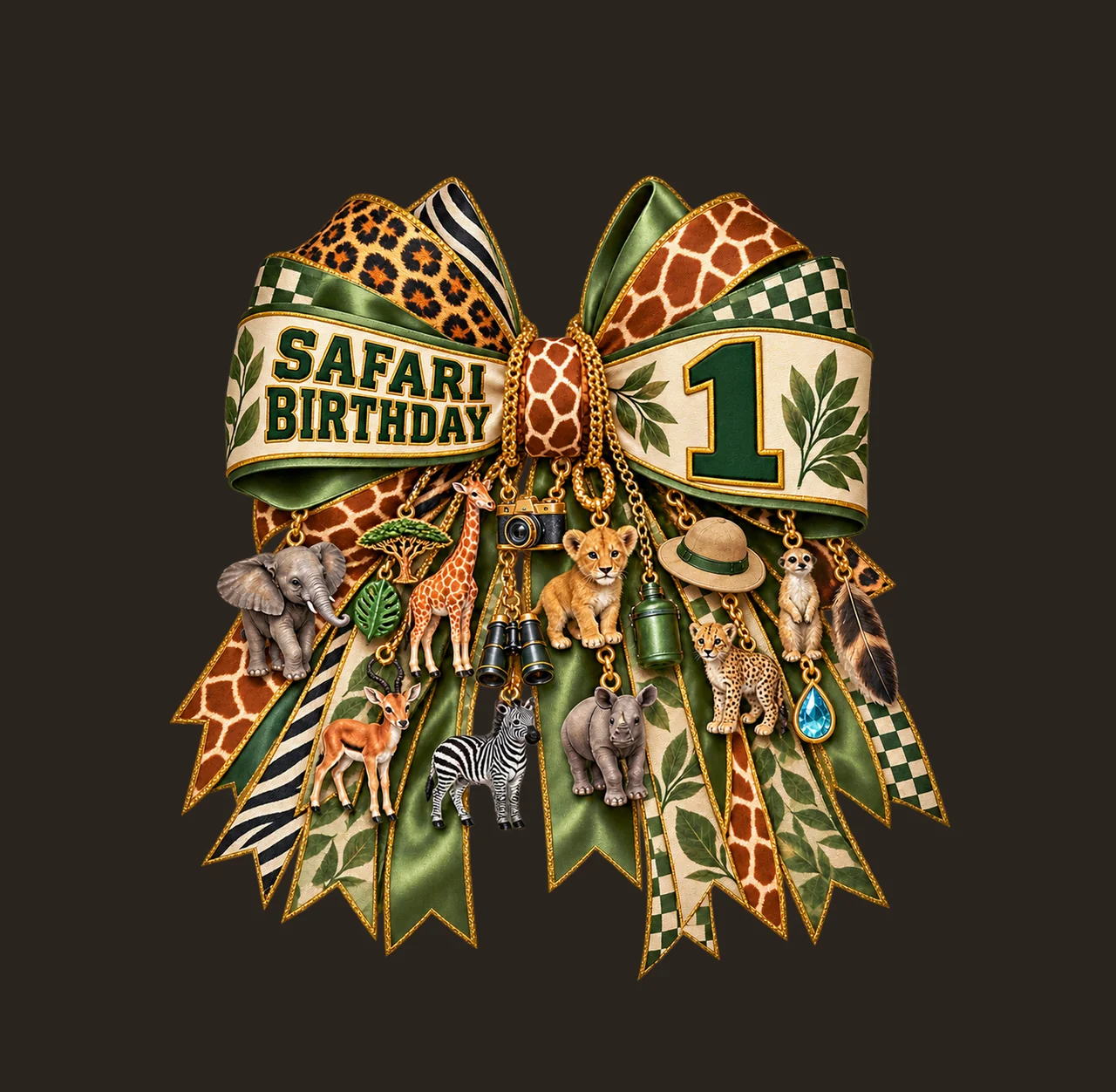 Safari Birthday 1 Bow Charm PNG, Jungle Animal Birthday Clipart, Transparent Sublimation Digital Download contrast preview thumbnail