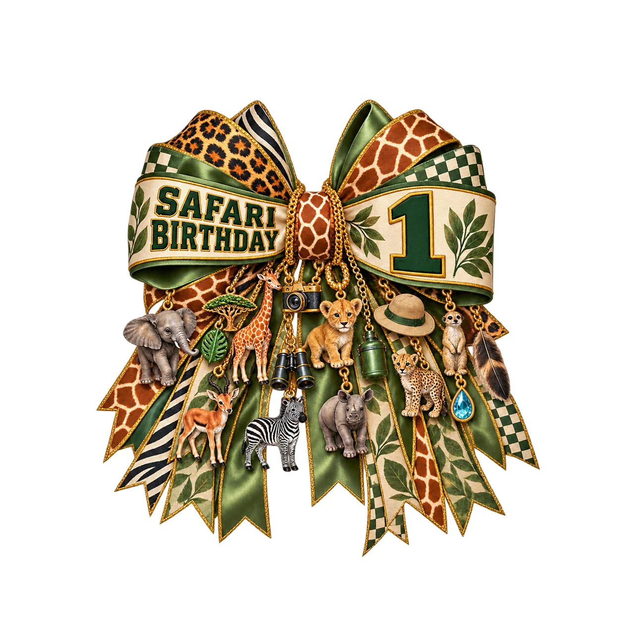 Safari Birthday 1 Bow Charm PNG, Jungle Animal Birthday Clipart, Transparent Sublimation Digital Download
