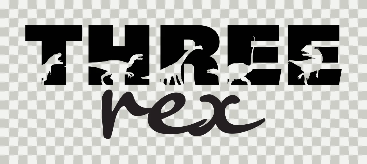 THREE rex dinosaur typography Design with dinosaur silhouettes, block lettering, cursive script and negative space in black and white transparency and detail preview thumbnail