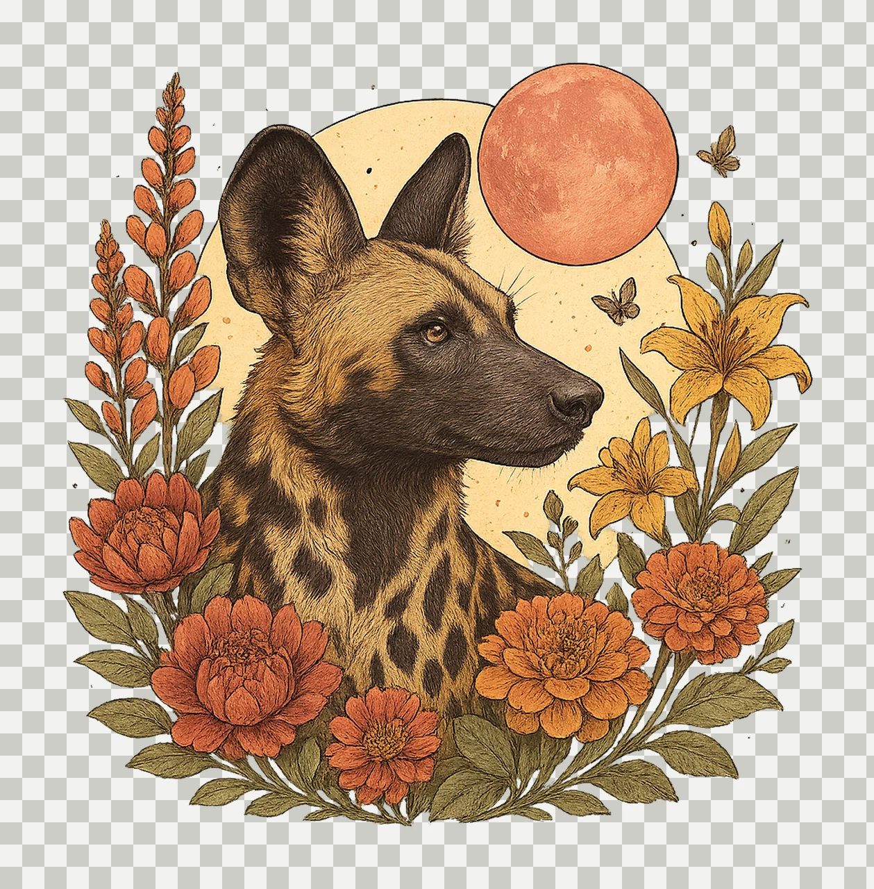 Dog Wild Nature Portrait With Flowers And Moon butterflies transparency and detail preview thumbnail