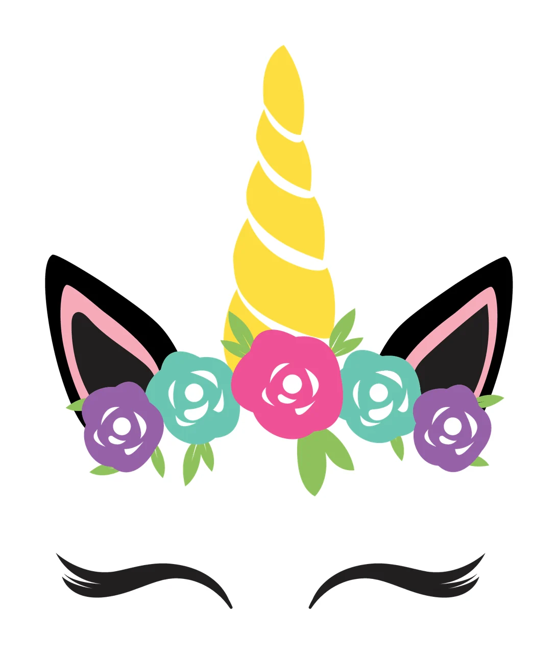 Unicorn Silhouette With Floral Crown horn ears roses eyelashes