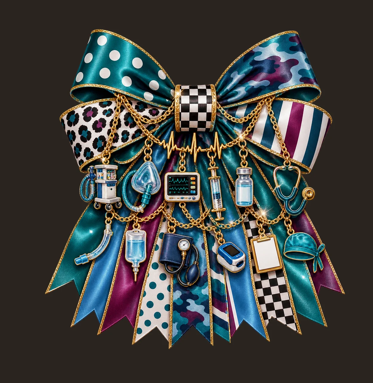Anesthesiologist Bow Charm PNG, Themed Gold Chain Charms, Coquette Ribbon Sublimation Design, Transparent Digital Download contrast preview thumbnail