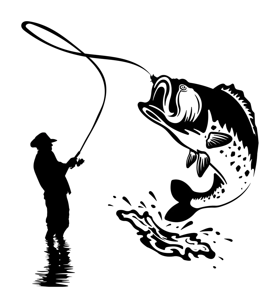 Fisherman Fish With Jumping Silhouette fishing person rod water
