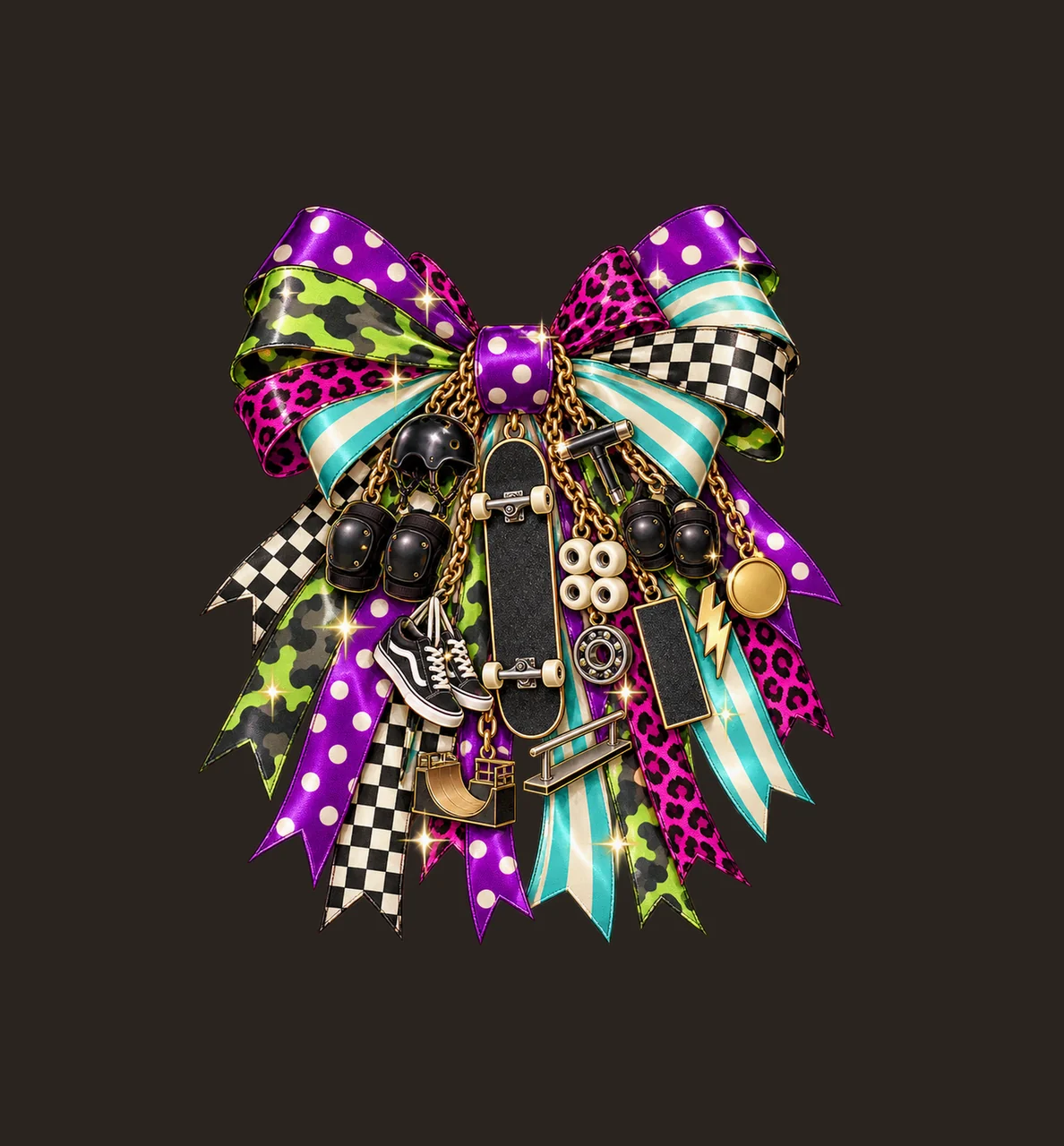 Skateboarding Lover Bow Charm PNG, Themed Gold Chain Charms, Coquette Ribbon Sublimation Design, Transparent Digital Download contrast preview thumbnail