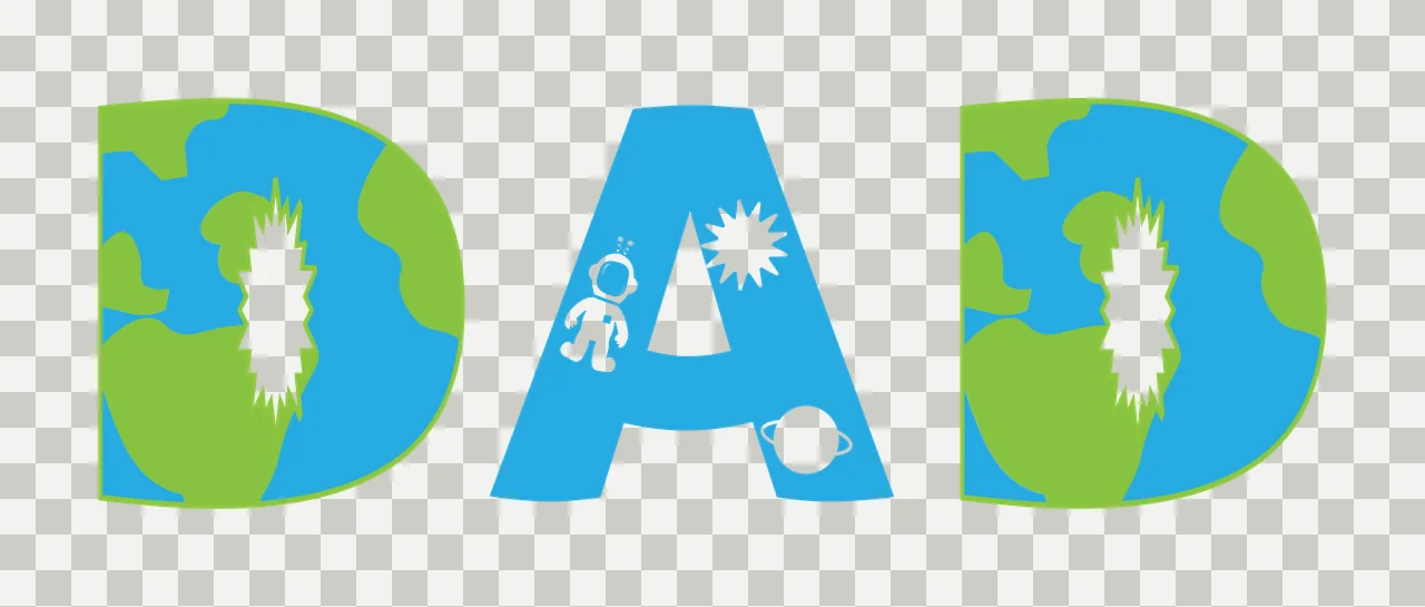 DAD Typography Design with DAD letters, Earth globe map, astronaut and sun in blue, green and white transparency and detail preview thumbnail