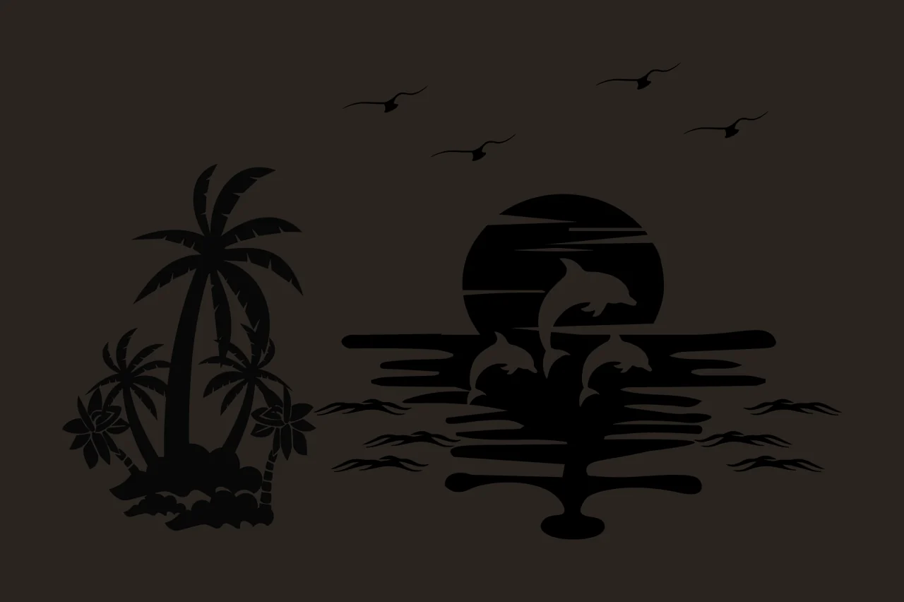Palm Tree Trees And Jumping Dolphins Sunset landscape scene contrast preview thumbnail