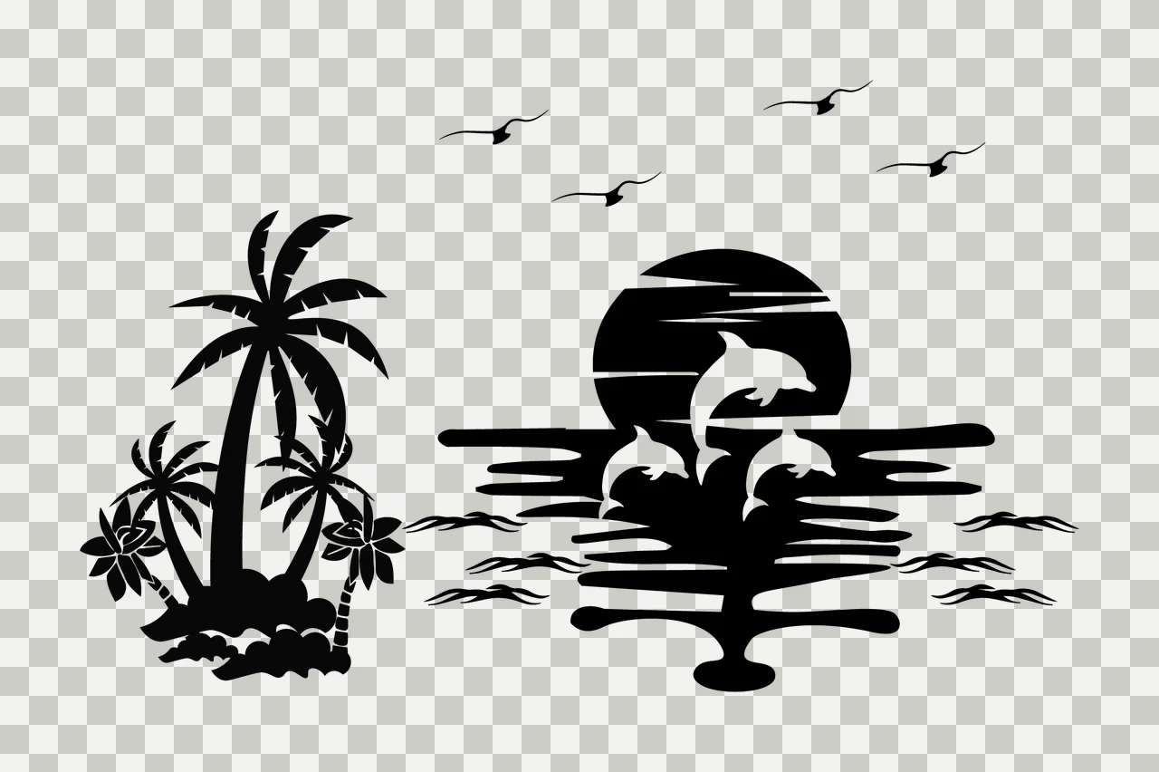 Palm Tree Trees And Jumping Dolphins Sunset landscape scene transparency and detail preview thumbnail
