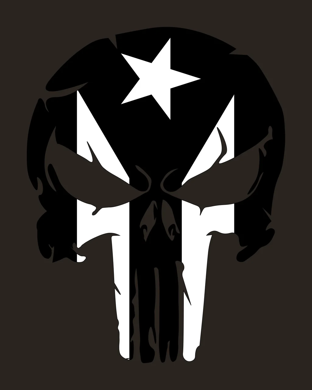 Stylized skull Illustration with five-pointed star, flag pattern, stripes and eye sockets in black and white contrast preview thumbnail