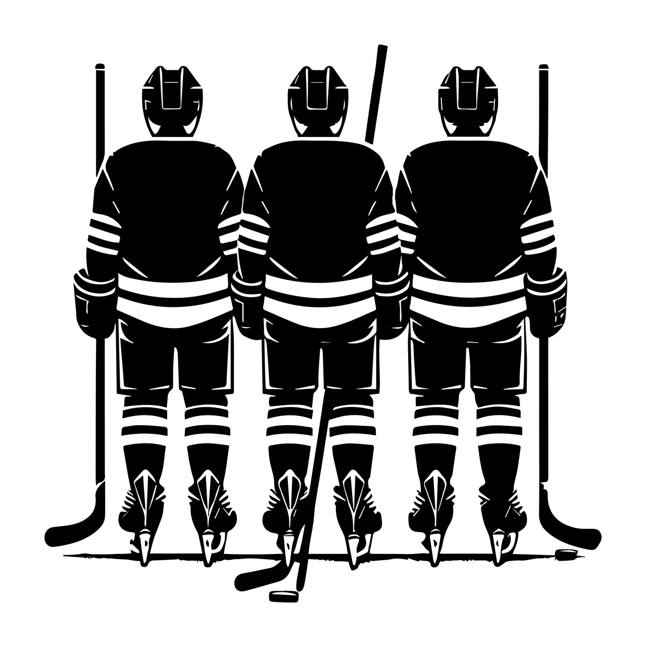 Hockey Three Players Standing Side View sticks pucks helmets