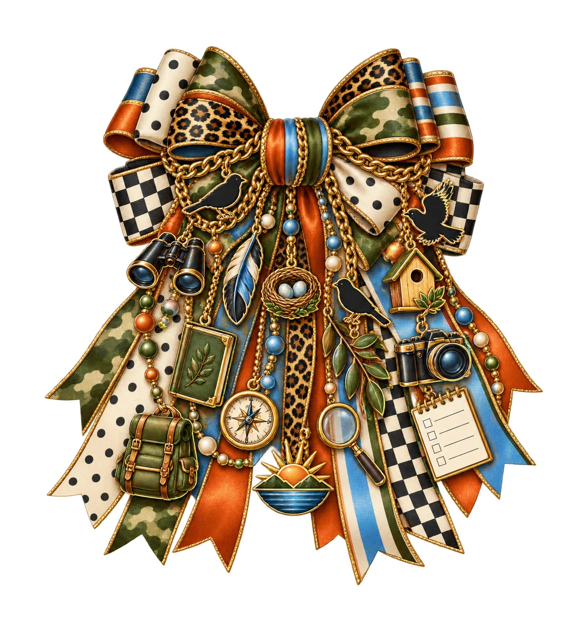 Bird Watcher Bow Charm PNG, Featureless Bird Binoculars Feeder and Nest Charms, Birding Sublimation Design