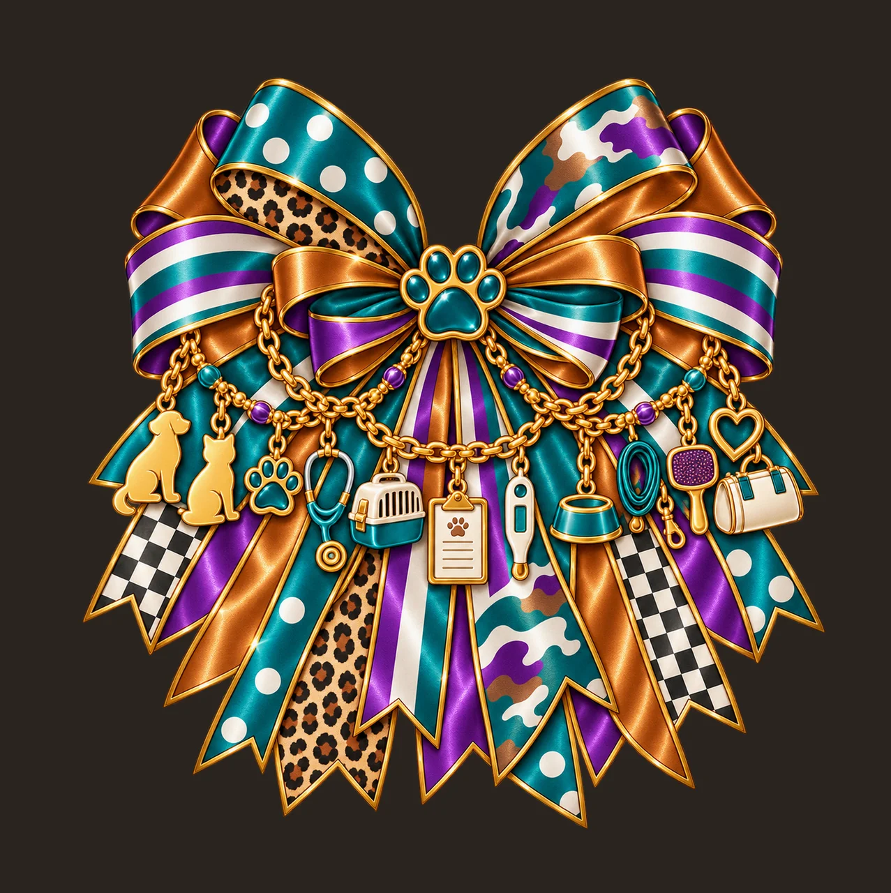 Veterinary Assistant Bow Charm PNG, Gold Chain Charms, Transparent Sublimation Design, Digital Download contrast preview thumbnail