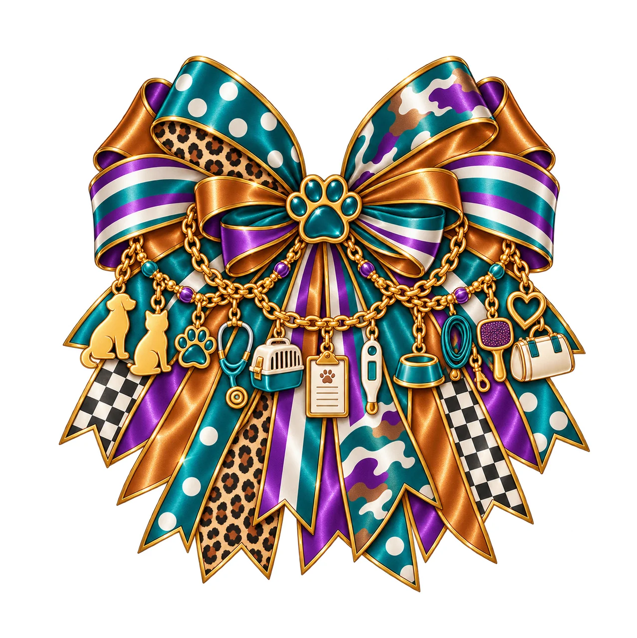 Veterinary Assistant Bow Charm PNG, Gold Chain Charms, Transparent Sublimation Design, Digital Download