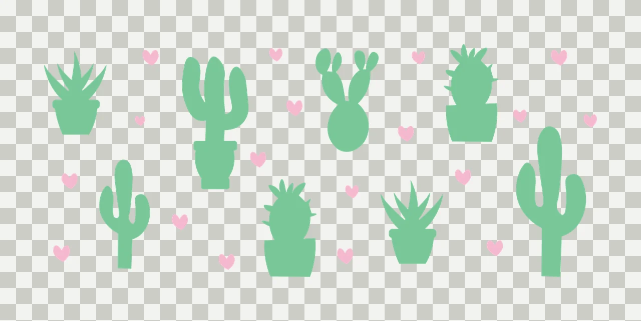Cacti and succulents with cactus potted plant succulent and heart shapes in mint green pink and white transparency and detail preview thumbnail
