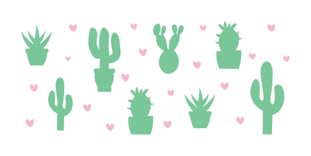 Cacti and succulents with cactus potted plant succulent and heart shapes in mint green pink and white