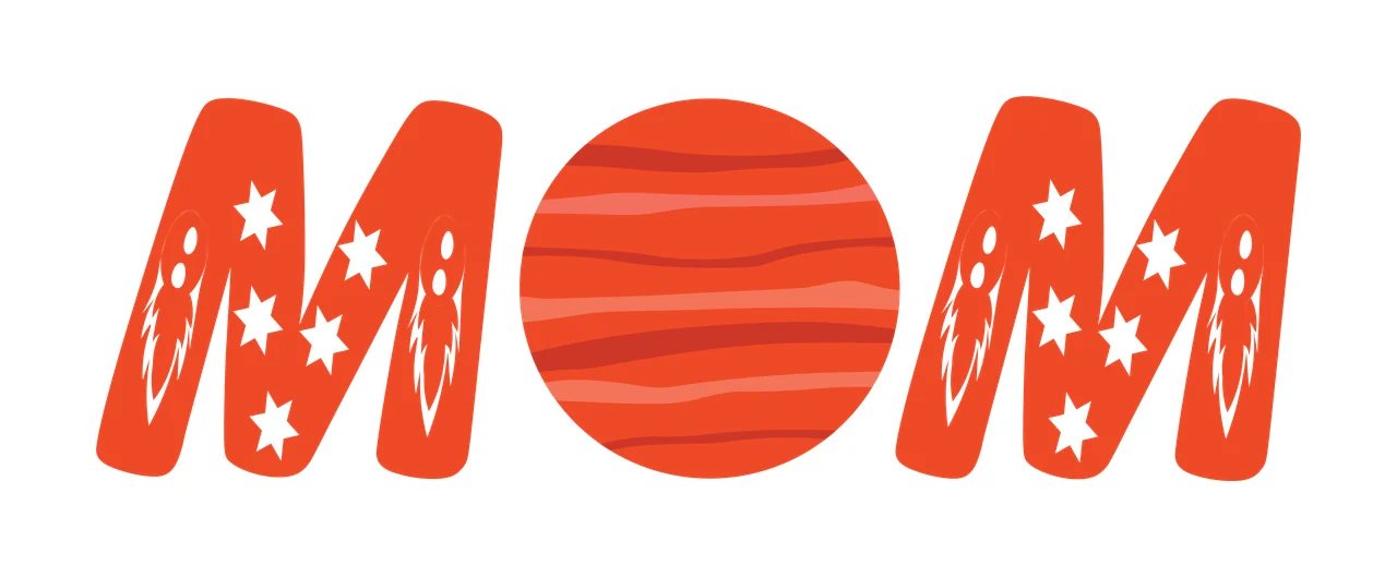 MOM Typography Design with letter M, striped planet, rockets and stars in red-orange, dark red and white