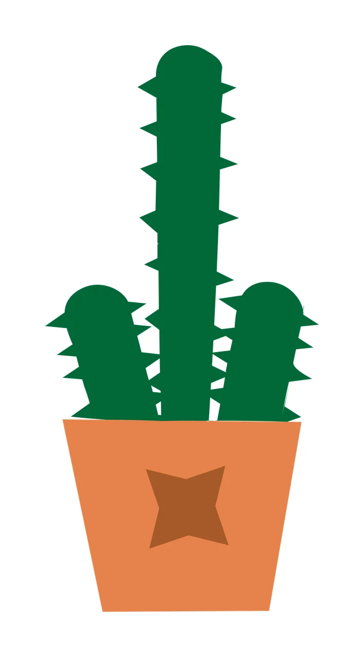 Three-spined green cactus in a terracotta- pot Illustration with green cactus with three stems, orange pot and brown star-shaped design