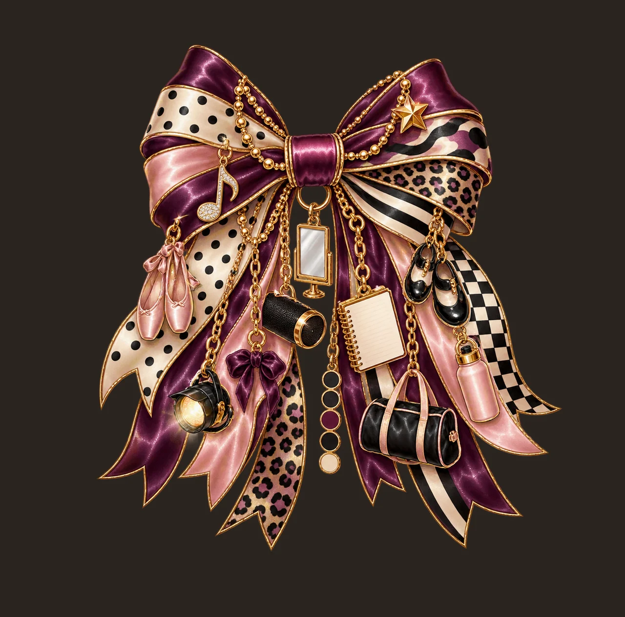 Dance Teacher Bow Charm PNG, Themed Gold Chain Charms, Coquette Ribbon Sublimation Design, Transparent Digital Download contrast preview thumbnail