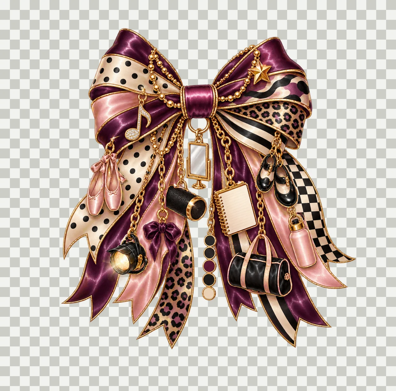 Dance Teacher Bow Charm PNG, Themed Gold Chain Charms, Coquette Ribbon Sublimation Design, Transparent Digital Download transparency and detail preview thumbnail