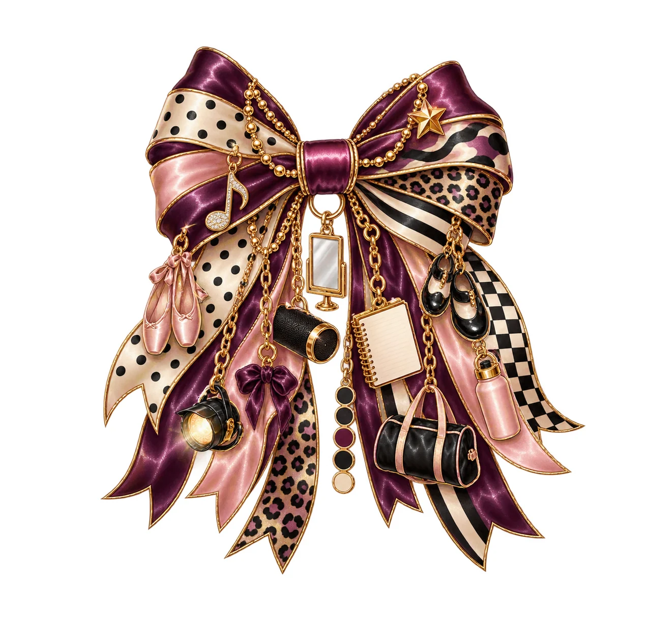 Dance Teacher Bow Charm PNG, Themed Gold Chain Charms, Coquette Ribbon Sublimation Design, Transparent Digital Download