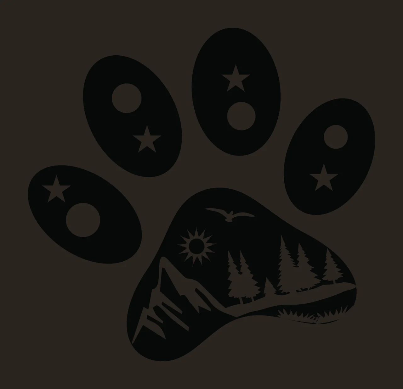 Silhouette Design of paw print landscape design with mountains, pine trees, sun and bird in black and white contrast preview thumbnail