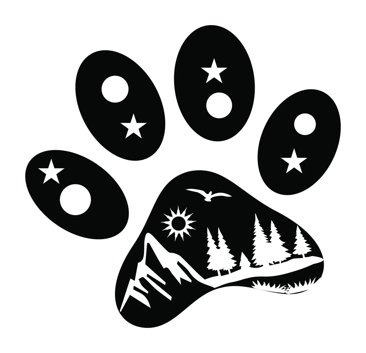 Silhouette Design of paw print landscape design with mountains, pine trees, sun and bird in black and white