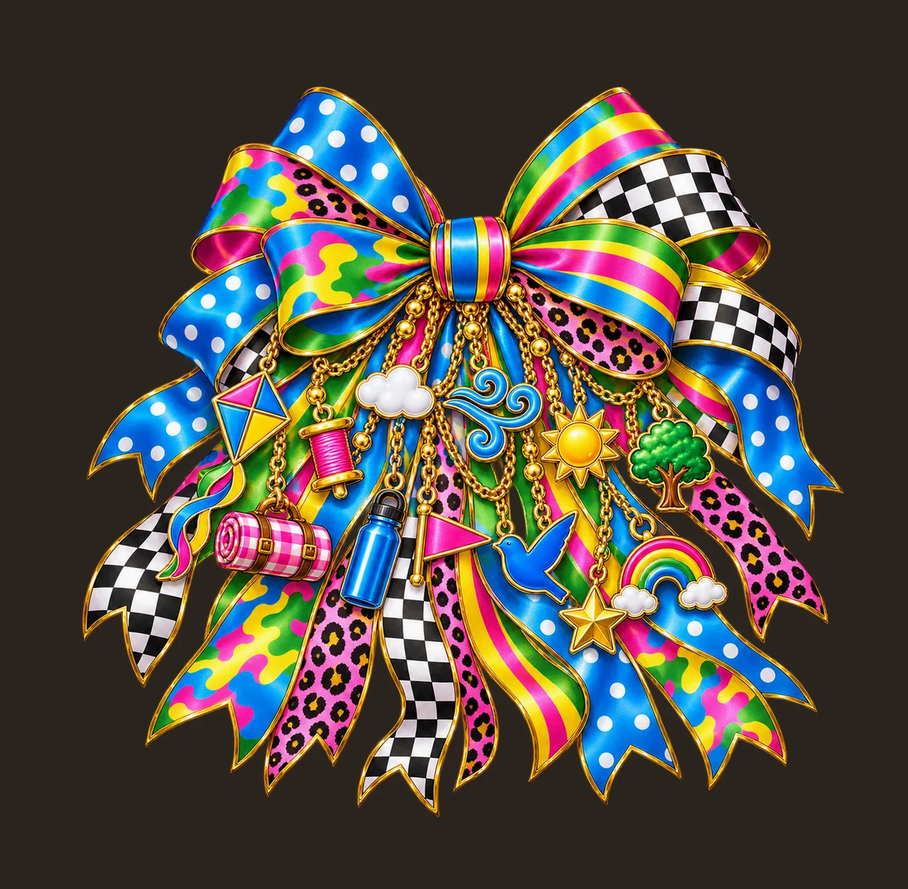 Kite Flyer Bow Charm PNG, Gold Chain Charms, Transparent Sublimation Design, Digital Download contrast preview thumbnail