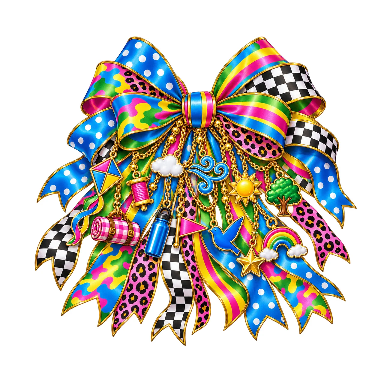 Kite Flyer Bow Charm PNG, Gold Chain Charms, Transparent Sublimation Design, Digital Download