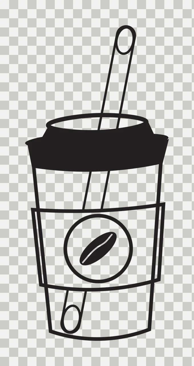 Cartoon Illustration of To-go coffee cup with lid and straw with black lid, white cup, circular label and coffee bean icon transparency and detail preview thumbnail
