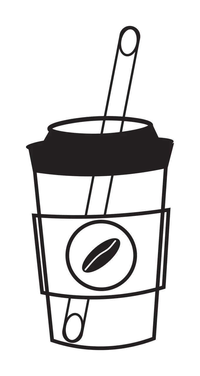 Cartoon Illustration of To-go coffee cup with lid and straw with black lid, white cup, circular label and coffee bean icon