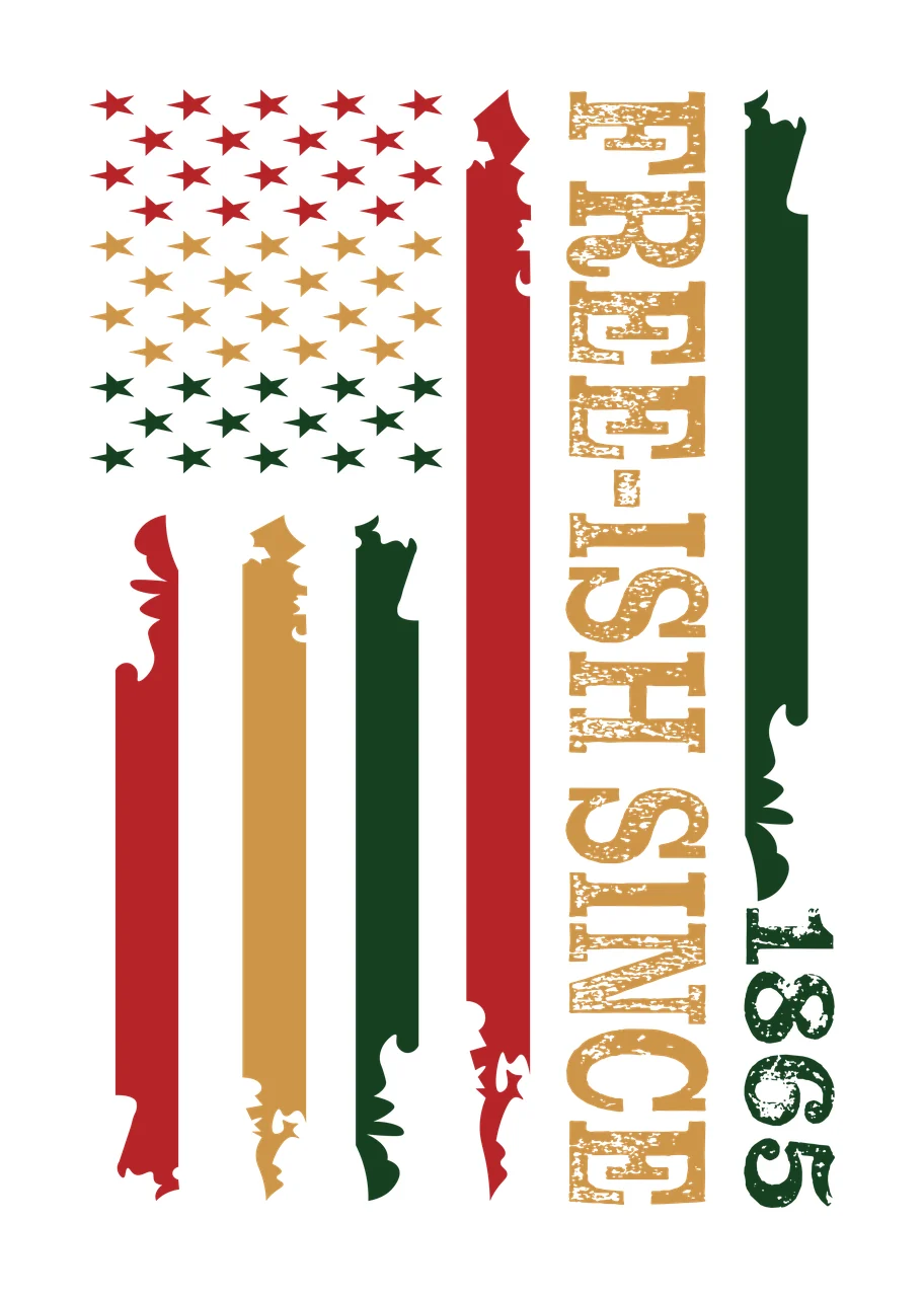 FREE-ISH SINCE 1865 Juneteenth flag motif Design with five-pointed stars, distressed vertical stripes, vertical text and year 1865 in red, gold and green