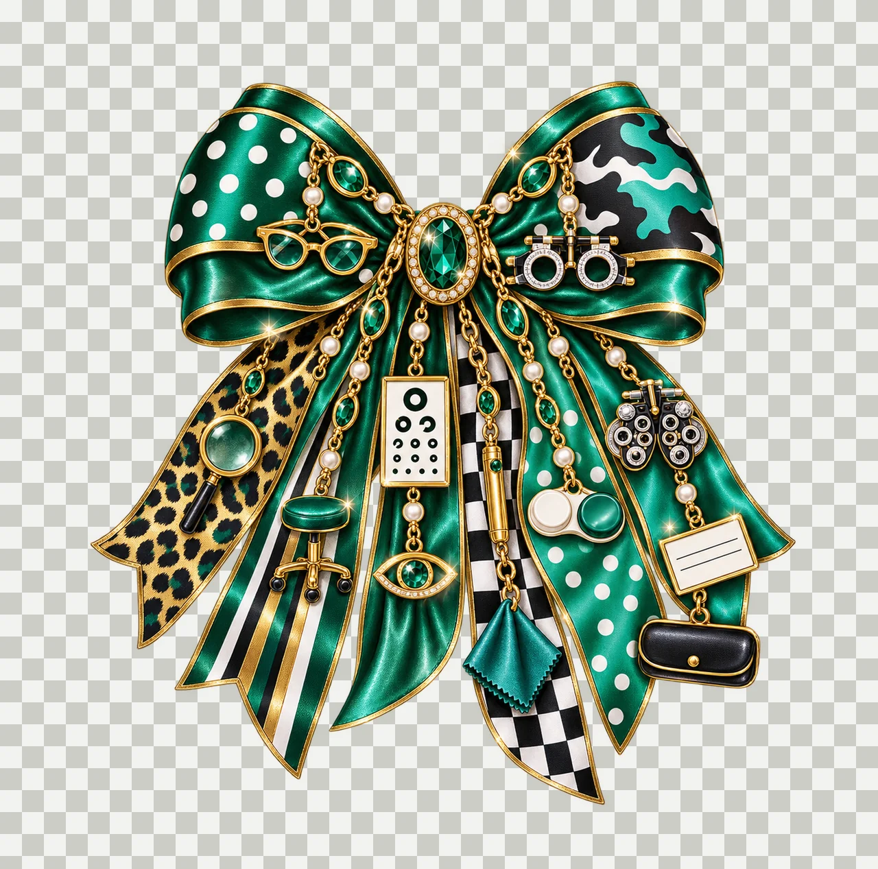 Optometrist Bow Charm PNG, Themed Gold Chain Charms, Coquette Ribbon Sublimation Design, Transparent Digital Download transparency and detail preview thumbnail
