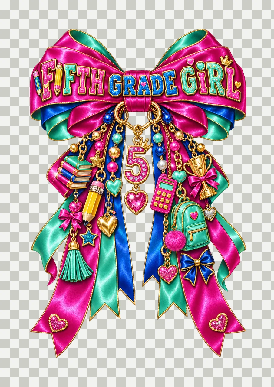 Fifth Grade Girl Bow Charm PNG, Coquette Ribbon Sublimation, Transparent Digital Download transparency and detail preview thumbnail