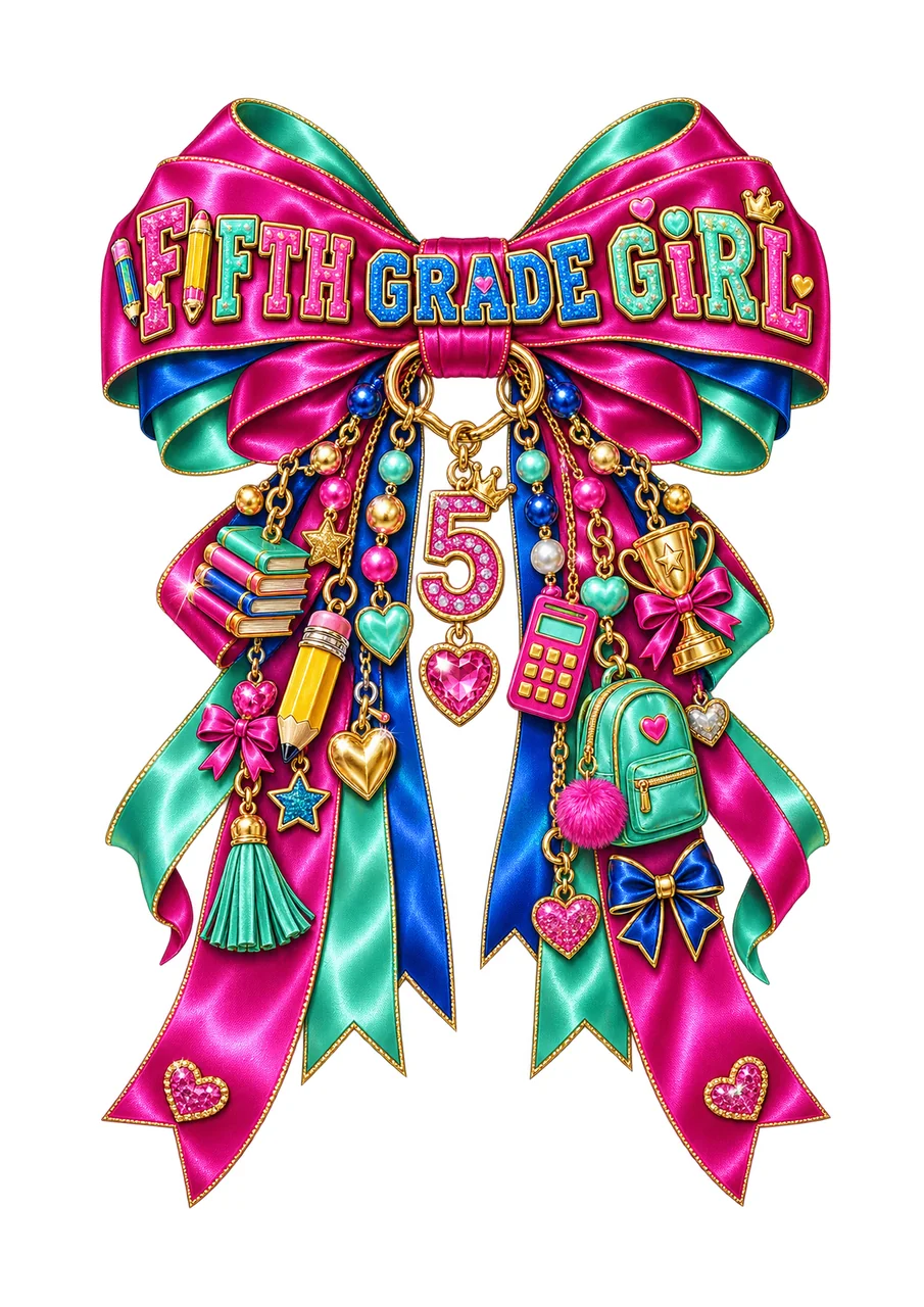 Fifth Grade Girl Bow Charm PNG, Coquette Ribbon Sublimation, Transparent Digital Download