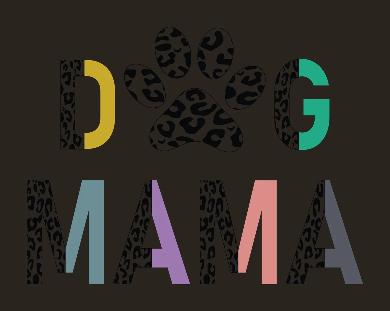 DOG MAMA DOG MAMA typography with paw print, letters, leopard print pattern and color blocks in white, black and mustard yellow contrast preview thumbnail