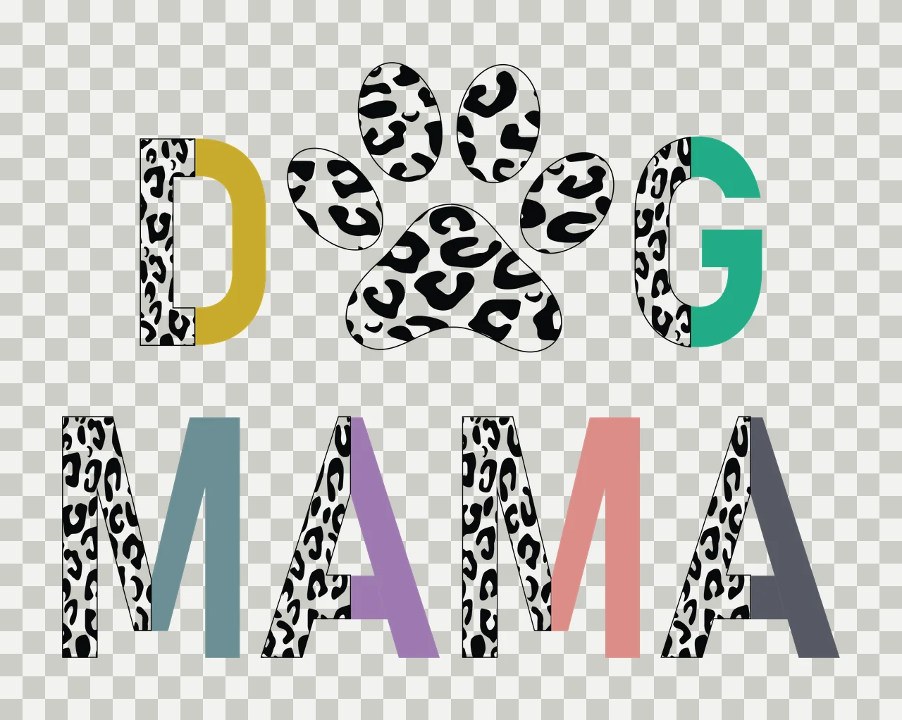 DOG MAMA DOG MAMA typography with paw print, letters, leopard print pattern and color blocks in white, black and mustard yellow transparency and detail preview thumbnail