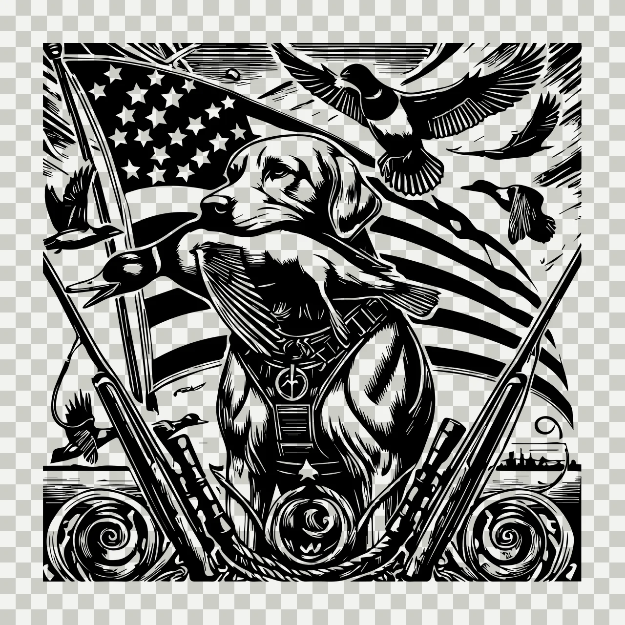 Duck Hunting Flag Dog With In Mouth Near Holding Shotgun Woodcut print transparency and detail preview thumbnail