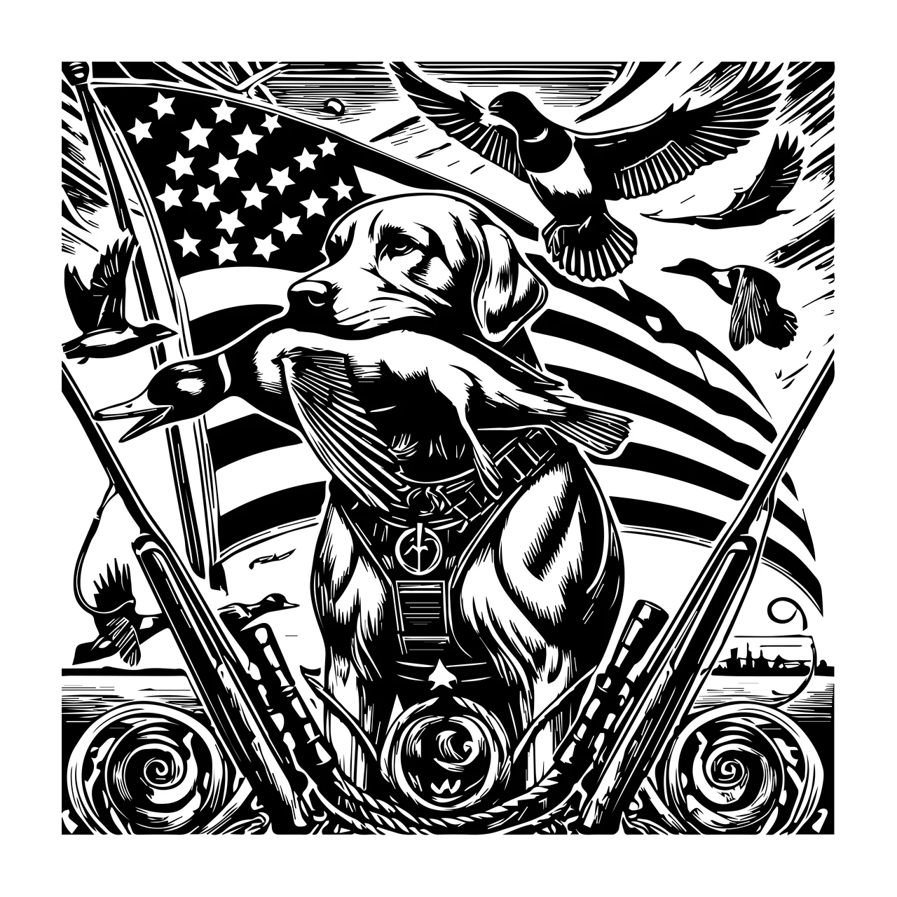 Duck Hunting Flag Dog With In Mouth Near Holding Shotgun Woodcut print