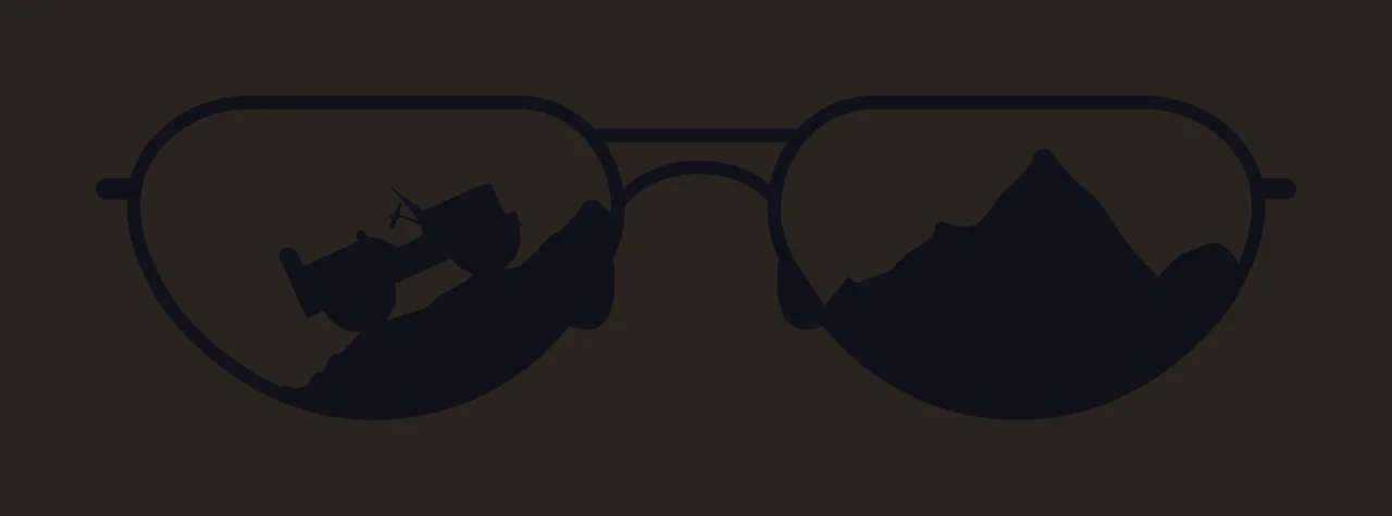 Silhouette Design of Aviator- sunglasses with dual-lens silhouettes with black sunglasses frame, silhouette of off-road vehicle, rocky terrain under vehicle and mountain silhouette in white contrast preview thumbnail