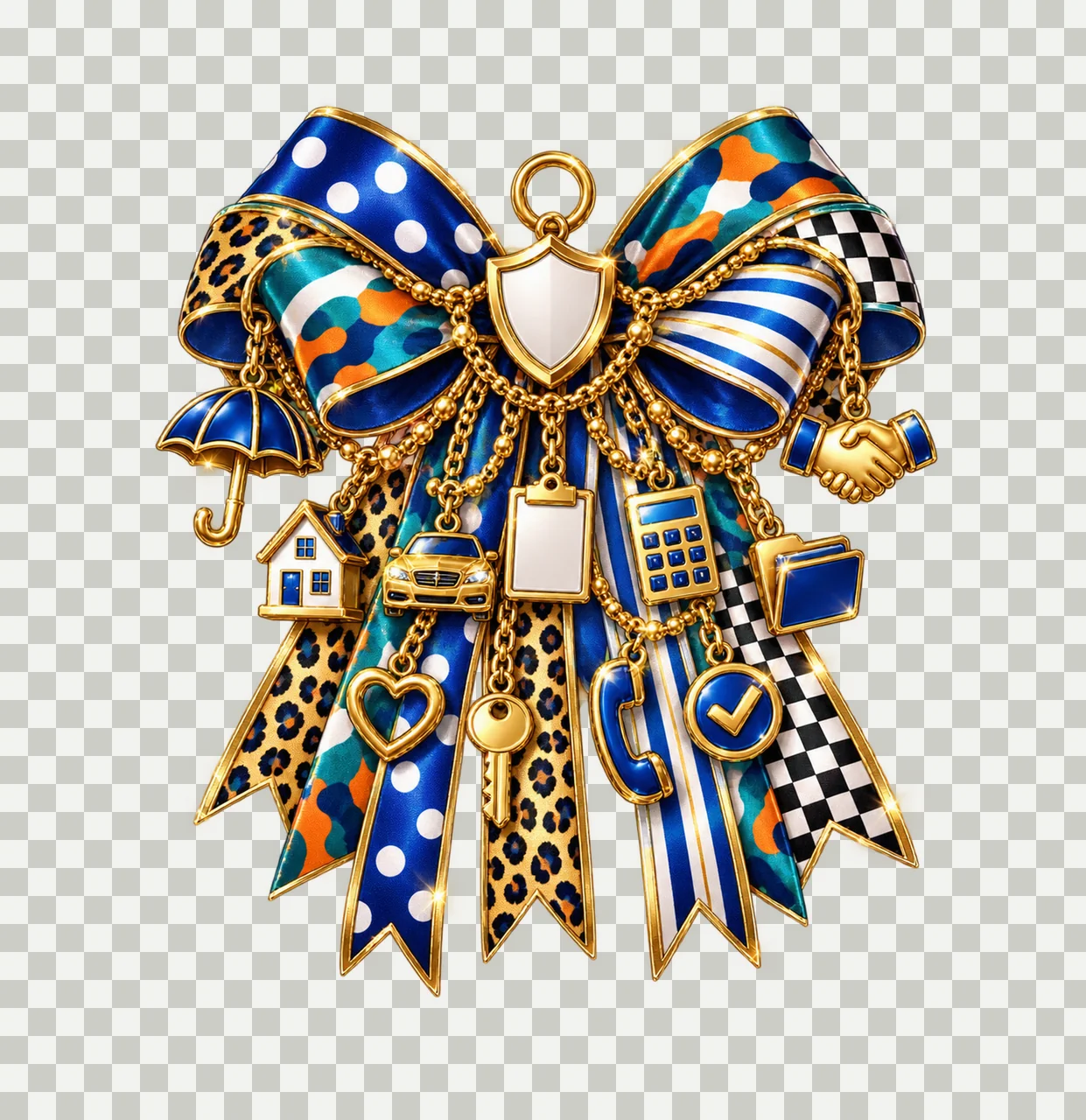Insurance Agent Bow Charm PNG, Themed Gold Chain Charms, Coquette Ribbon Sublimation Design, Transparent Digital Download transparency and detail preview thumbnail